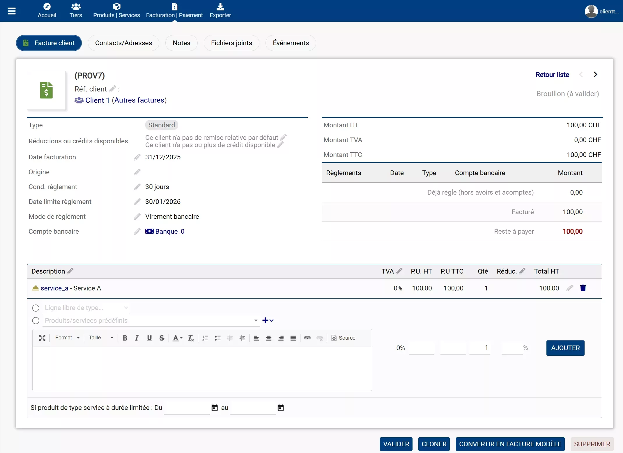 Édition d'une facture